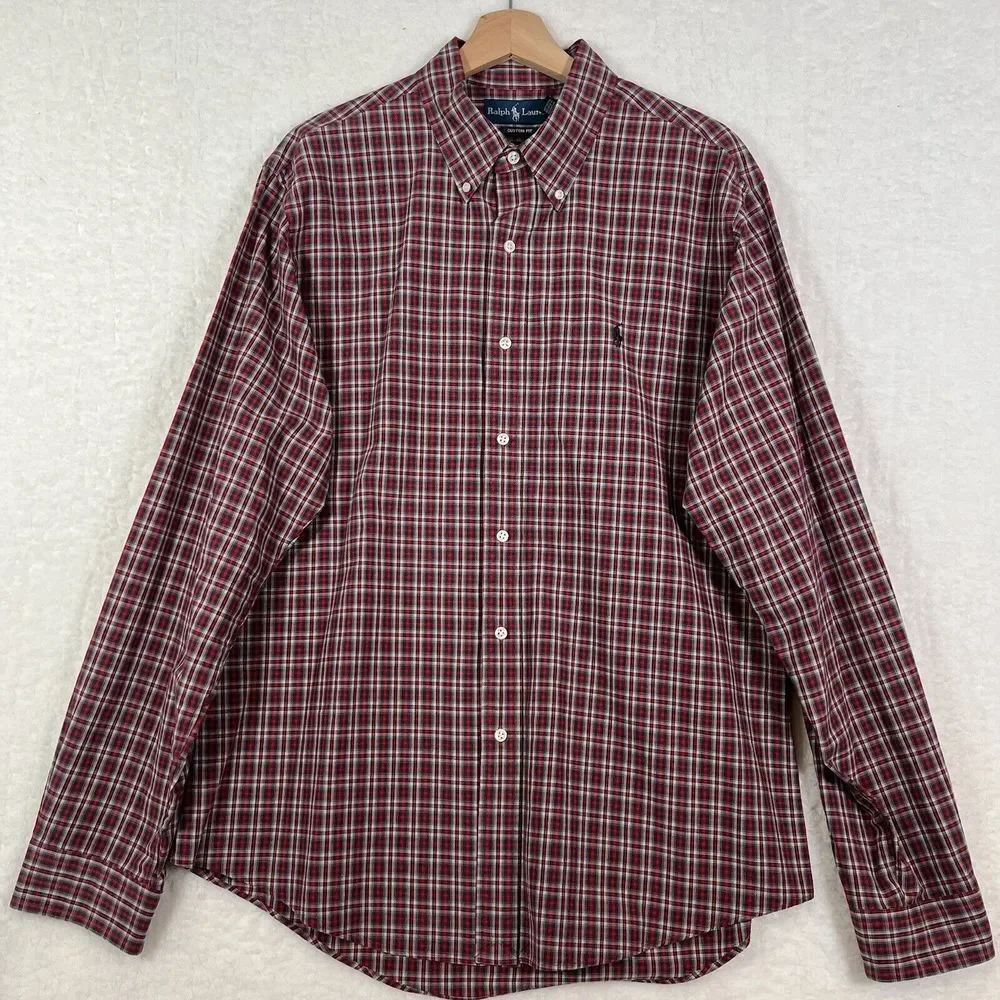 Ralph Lauren Men's Custom Fit Red Long Sleeve Button‎ Down Plaid Shirt Size XL